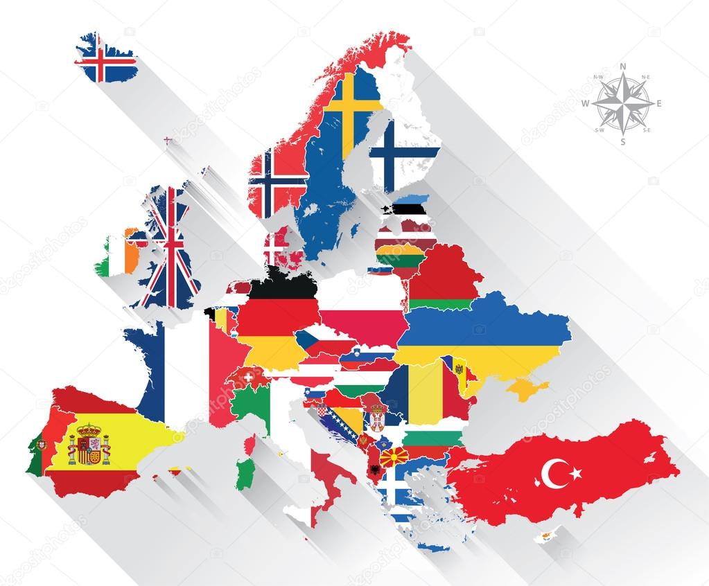 Europe map combined with country flags. All elements separated in detachable layers. Vector