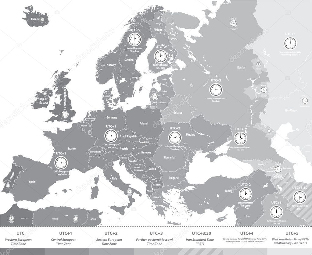 Europe time zones map in grey scales with location and clock icons. All layers detachable and labeled.Vector