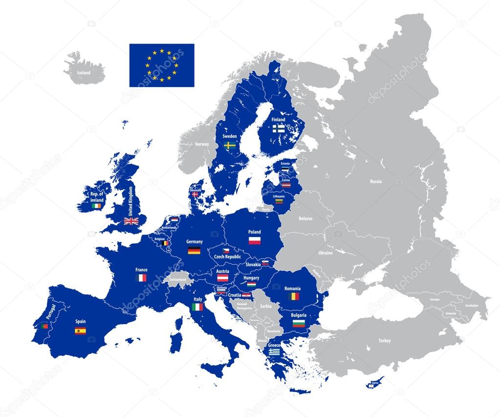 Kraje Unii Europejskiej Flagi European union map with country flags — Stock Vector © Jktu_21 #127442358