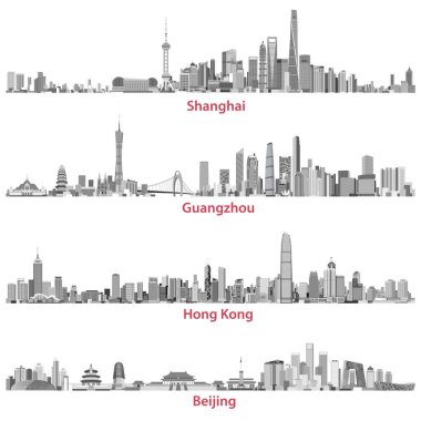 Shanghai, Hong Kong, Guangzhou ve Pekin silüetini soyut resimler