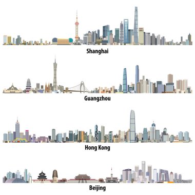 abstract illustrations of Shanghai, Hong Kong, Guangzhou and Beijing skylines clipart