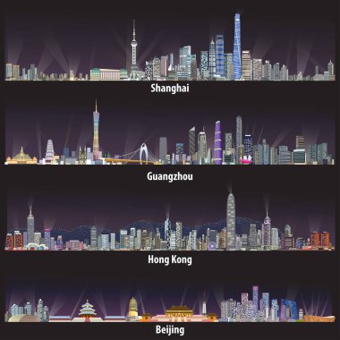 abstract illustrations of Shanghai, Hong Kong, Guangzhou and Beijing skylines