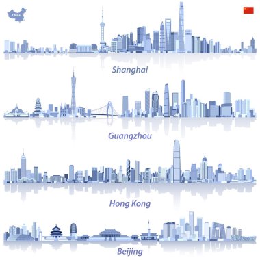 Shanghai, Hong Kong, Guangzhou ve Pekin silüetini soyut resimler
