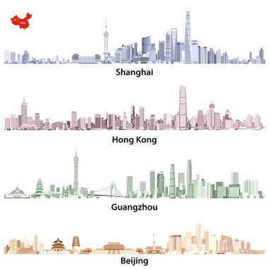 Shanghai, Hong Kong, Guangzhou ve Pekin silüetini soyut resimler