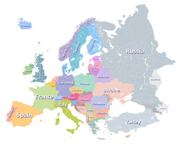 Vektor vysoké podrobné politická mapa Evropy s hranicemi regionů — Stockový vektor