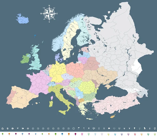 Europa vector alto mapa político detallado con fronteras regionales — Vector de stock