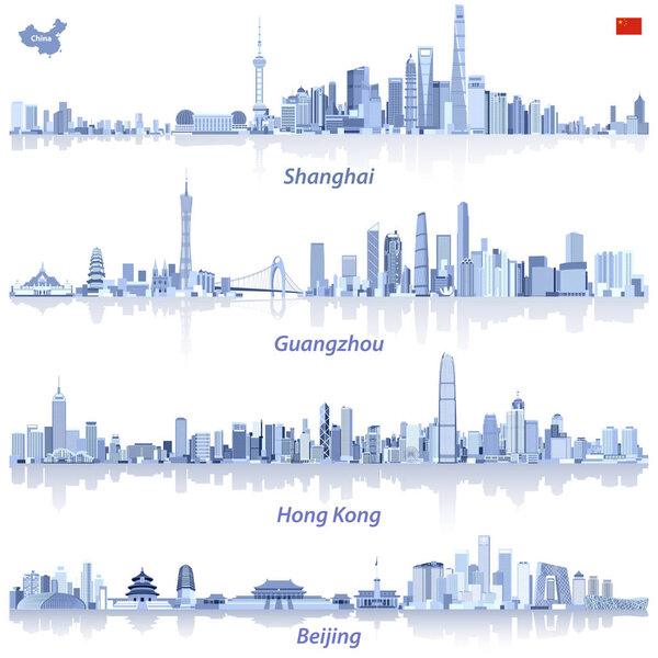 abstract illustrations of Shanghai, Hong Kong, Guangzhou and Beijing skylines