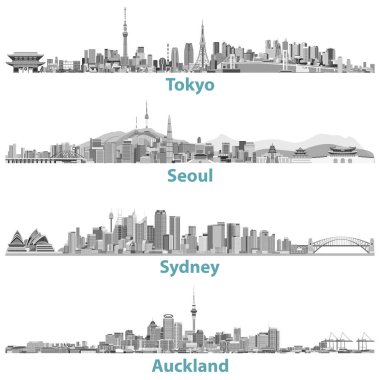 Tokyo, Seul, Sydney ve Auckland silüetini soyut vektör çizimleri