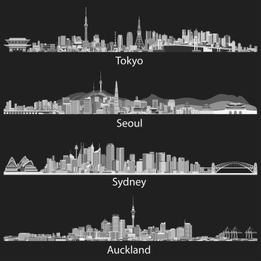 Tokyo, Seul, Sydney ve Auckland silüetini soyut vektör çizimler geceleri