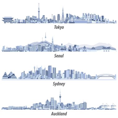 Tokyo, Seul, Sydney ve Auckland silüetini soyut vektör çizimleri