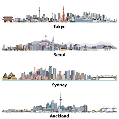 abstract vector illustrations of Tokyo, Seoul, Sydney and Auckland skylines clipart