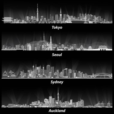 Tokyo, Seul, Sydney ve Auckland silüetini soyut vektör çizimler geceleri