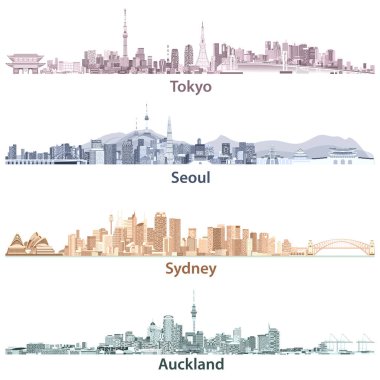Tokyo, Seul, Sydney ve Auckland silüetini vektör çizimleri