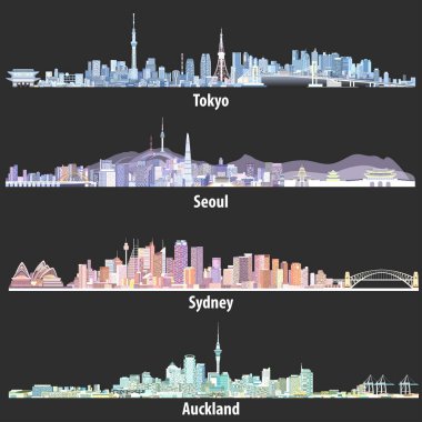 Tokyo, Seul, Sydney ve Auckland silüetini soyut vektör çizimler geceleri