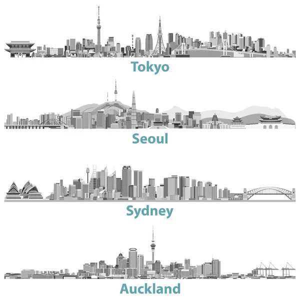 Illustrazioni vettoriali astratte degli skyline di Tokyo, Seoul, Sydney e Auckland — Vettoriale Stock