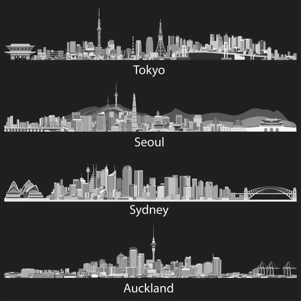 Abstrakte Vektorillustrationen der Skylines Tokyos, Seouls, Sydneys und Aucklands bei Nacht — Stockvektor