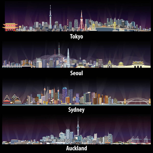 abstract vector illustrations of Tokyo, Seoul, Sydney and Auckland skylines at night