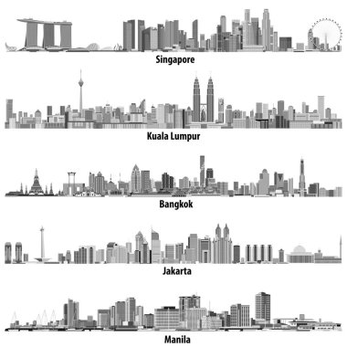 siyah ve beyaz renk paletindeki Asya şehirler (Singapur, Kuala Lumpur, Bangkok, Jakarta ve Manila) silüetini soyut vektör çizimleri