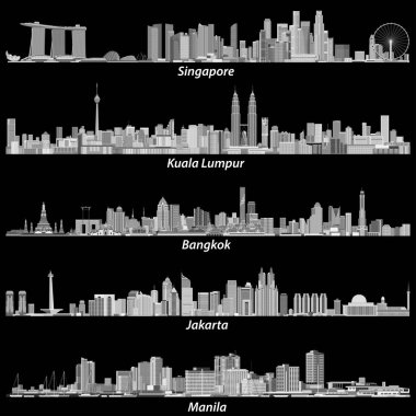 Asya şehirler (Singapur, Kuala Lumpur, Bangkok, Jakarta ve Manila) silüetini gri ölçekler paletinde siyah arka plan üzerine soyut vektör çizimleri