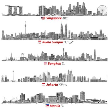 Singapur, Kuala Lumpur, Bangkok, Jakarta ve Manila silüetini soyut vektör çizimler siyah ve beyaz renk paletindeki (bayraklar ve onların ülkelerin haritaları ile) geceleri