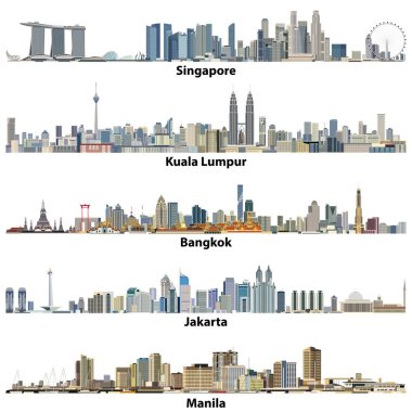 Asya şehirler (Singapur, Kuala Lumpur, Bangkok, Jakarta ve Manila) silüetini vektör çizimleri