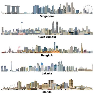 vector illustrations of asian cities(Singapore, Kuala Lumpur, Bangkok, Jakarta and Manila) skylines
