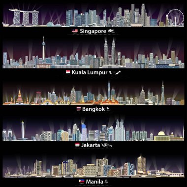 haritalar ve bu şehirleri başkentleri nerede ülkelerin bayrakları ile gece Singapur, Kuala Lumpur, Bangkok, Jakarta ve Manila silüetini çizimler vektör