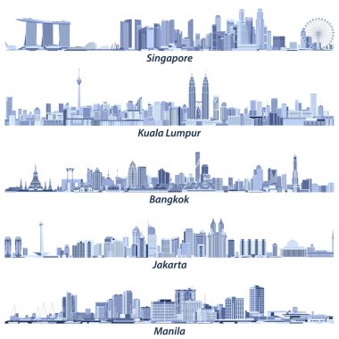 Singapur, Kuala Lumpur, Bangkok, Jakarta ve Manila silueti beyaz arka plan üzerinde izole ışık mavi tonlarda soyut vektör çizimleri
