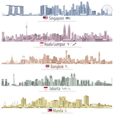 abstract vector illustrations of Singapore, Kuala Lumpur, Bangkok, Jakarta and Manila skylines (with maps and flags of the countries where these cities are capitals) in different color palettes clipart