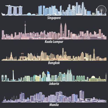 Singapur, Kuala Lumpur, Bangkok, Jakarta ve Manila silüetini soyut vektör çizimler gece yumuşak siyah arka plan üzerine farklı renk paletleri