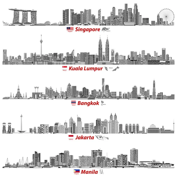 Abstract vector illustrations of Singapore, Kuala Lumpur, Bangkok, Jakarta and Manila skylines at night (with flags and maps of their countries) in black and white color palette — Stock Vector