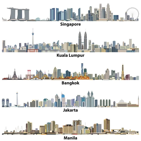 Ilustraciones vectoriales de ciudades asiáticas (Singapur, Kuala Lumpur, Bangkok, Yakarta y Manila) skylines — Vector de stock