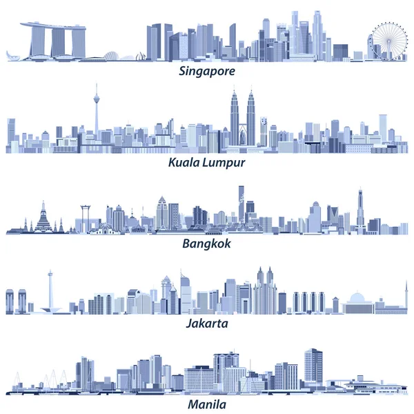 Abstrakte Vektorillustrationen der Skylines von Singapore, Kuala Lumpur, Bangkok, Jakarta und Manila in hellblauen Tönen auf weißem Hintergrund — Stockvektor