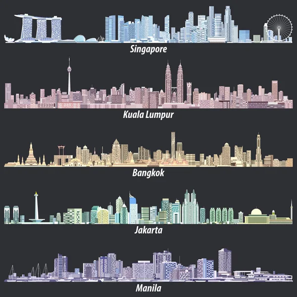 Abstrakte Vektorillustrationen der Skylines von Singapore, Kuala Lumpur, Bangkok, Jakarta und Manila bei Nacht in verschiedenen Farbpaletten auf weichem schwarzen Hintergrund — Stockvektor