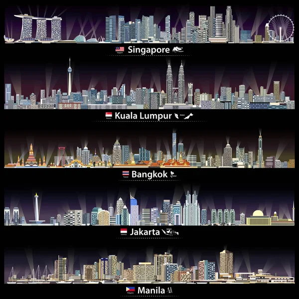 Vector illustrations of Singapore, Kuala Lumpur, Bangkok, Jakarta and Manila skylines at night with maps and flags of the countries where these cities are capitals Vector Graphics