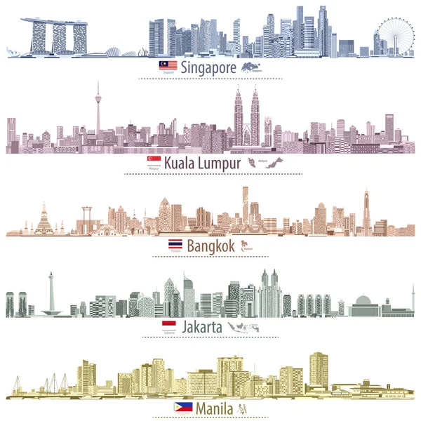 Abstract vector illustrations of Singapore, Kuala Lumpur, Bangkok, Jakarta and Manila skylines (with maps and flags of the countries where these cities are capitals) in different color palettes Stock Illustration