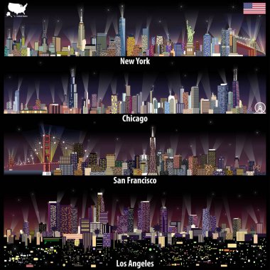 Amerika Birleşik Devletleri şehir silueti (New York, Chicago, San Francisco ve Los Angeles) soyut vektör çizimler harita ve Amerika Birleşik Devletleri bayrağı ile gece