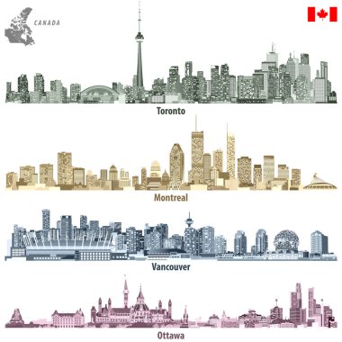 Kanada şehirler farklı renk paletleri harita ve Kanada bayrağı ile Toronto, Montreal, Vancouver ve Ottawa silüetini vektör çizimler