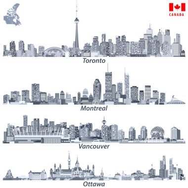 vektör çizimler Kanada kentlerinden Toronto, Montreal, Vancouver ve Ottawa silüetini harita mavi renk paleti renk tonlarını ve Kanada bayrağı