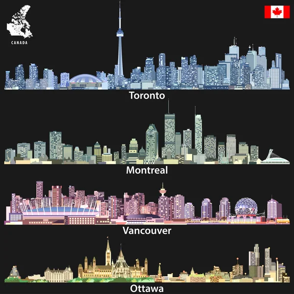 Ilustracje wektorowe kanadyjskich miast skylines Toronto, Montrealu, Vancouver i Ottawa w różne palety z mapą i flaga Kanady — Wektor stockowy