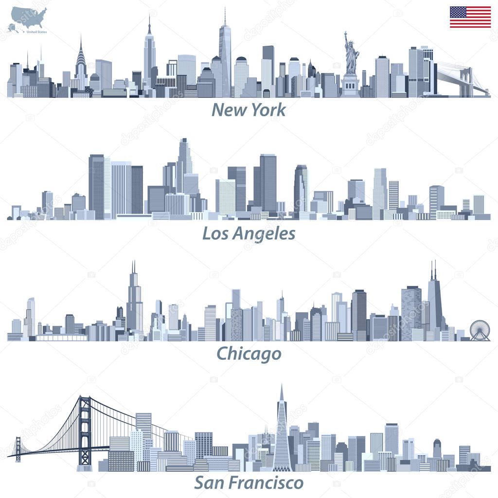 abstract vector illustrations of United States city skylines (New York, Chicago, San Francisco and Los Angeles) in tints of blue color palette with map and flag of United States