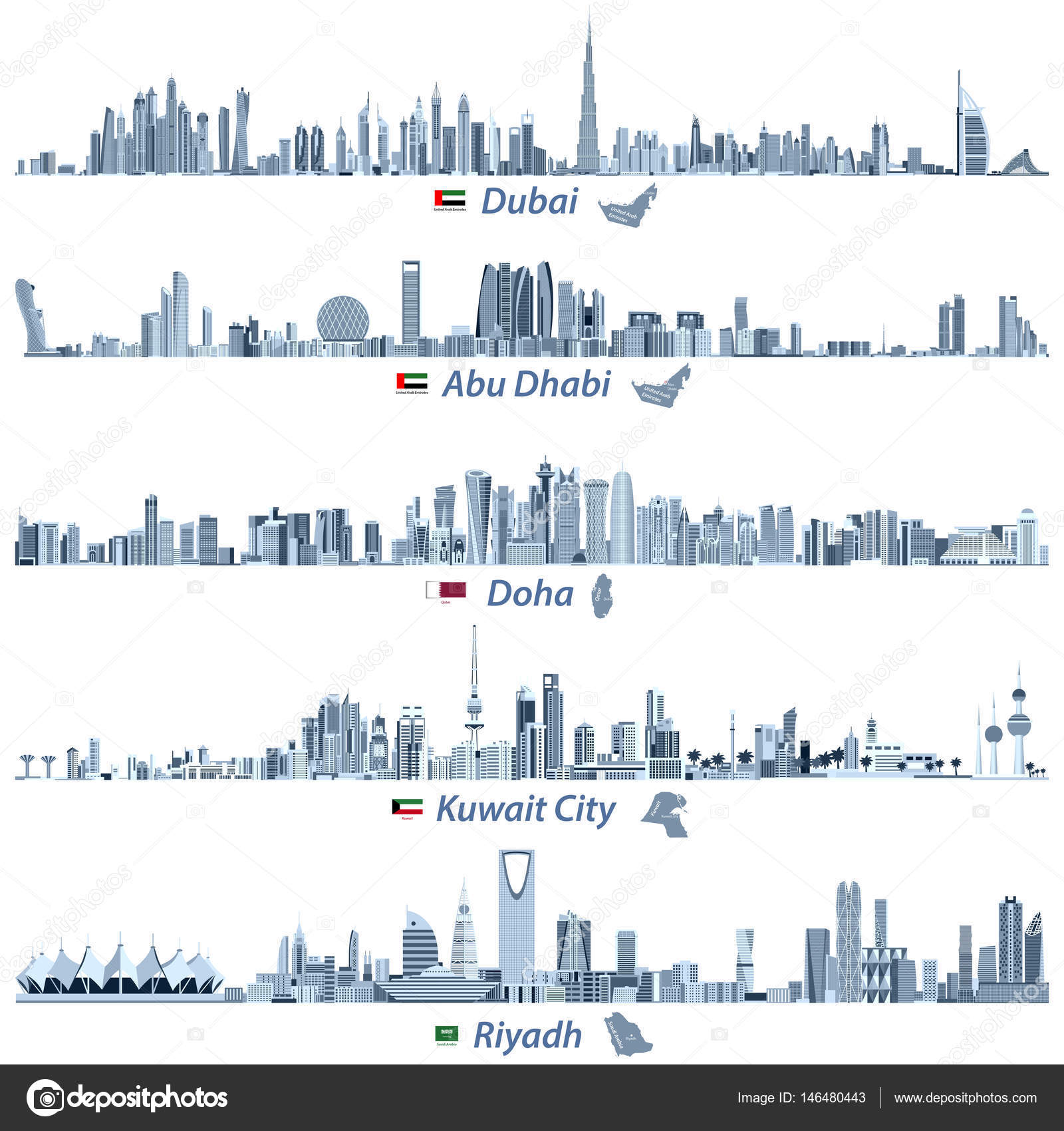 Abstract vector illustrations of Dubai, Abu Dhabi, Doha, Riyadh and