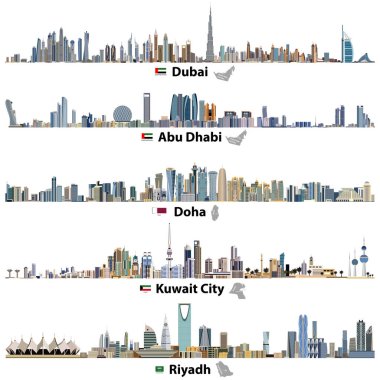 Dubai, Abu Dabi, Doha, Riyad ve Kuveyt şehir silueti bayrakları ve Birleşik Arap Emirlikleri, Katar, Kuveyt ve Suudi Arabistan haritalar ile vektör çizimleri