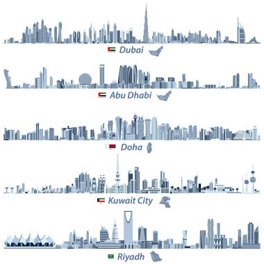Dubai, Abu Dabi, Doha, Riyad ve Kuveyt şehir silueti mavi renk paleti bayrakları ile renk tonlarını ve Birleşik Arap Emirlikleri, Katar, Kuveyt ve Suudi Arabistan haritalar soyut vektör çizimleri
