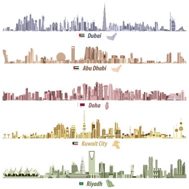farklı parlak renk paletleri bayrakları ve Birleşik Arap Emirlikleri, Katar, Kuveyt ve Suudi Arabistan haritalar ile Dubai, Abu Dabi, Doha, Riyad ve Kuveyt şehir silueti soyut vektör çizimleri