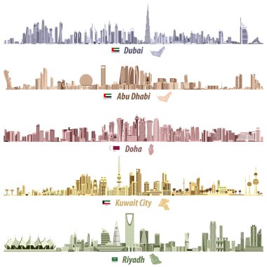 farklı parlak renk paletleri bayrakları ve Birleşik Arap Emirlikleri, Katar, Kuveyt ve Suudi Arabistan haritalar ile Dubai, Abu Dabi, Doha, Riyad ve Kuveyt şehir silueti soyut vektör çizimleri