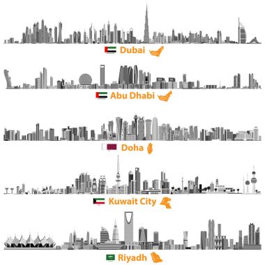 Dubai, Abu Dabi, Doha, Riyad ve Kuveyt şehir silueti bayrakları ve Birleşik Arap Emirlikleri, Katar, Kuveyt ve Suudi Arabistan haritalar ile siyah ve beyaz renk paletindeki soyut vektör çizimleri