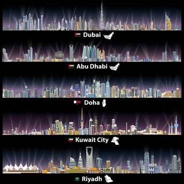 Dubai, Abu Dabi, Doha, Riyad ve Kuveyt şehir silueti soyut vektör çizimler bayrakları ve Birleşik Arap Emirlikleri, Katar, Kuveyt ve Suudi Arabistan haritalar ile gece