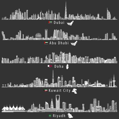 Dubai, Abu Dabi, Doha, Riyad ve Kuveyt şehir silueti soyut vektör çizimler gece gri ölçekler renk paleti ile bayraklar ve Birleşik Arap Emirlikleri, Katar, Kuveyt ve Suudi Arabistan Haritası