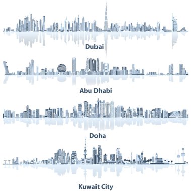 Dubai, Abu Dabi, Doha ve Kuveyt şehir silueti soyut vektör çizimleri